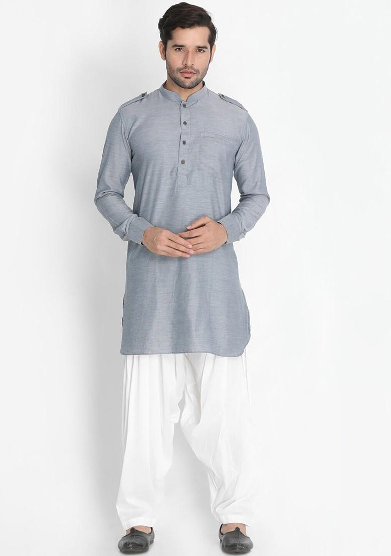 Grey Woven Cotton Kurta For Men