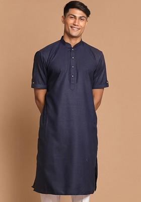 Navy Blue Solid Cotton Kurta For Men