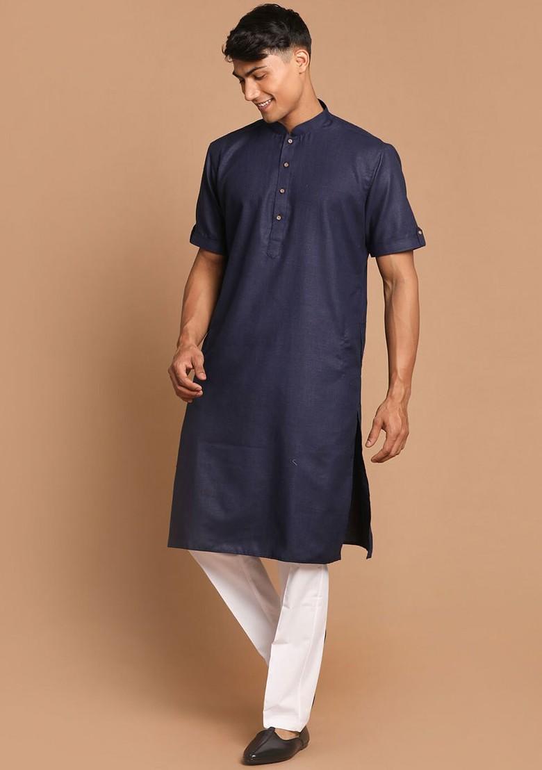 Navy Blue Solid Cotton Kurta For Men