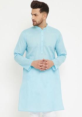 Blue Solid Poly Blend Kurta For Men