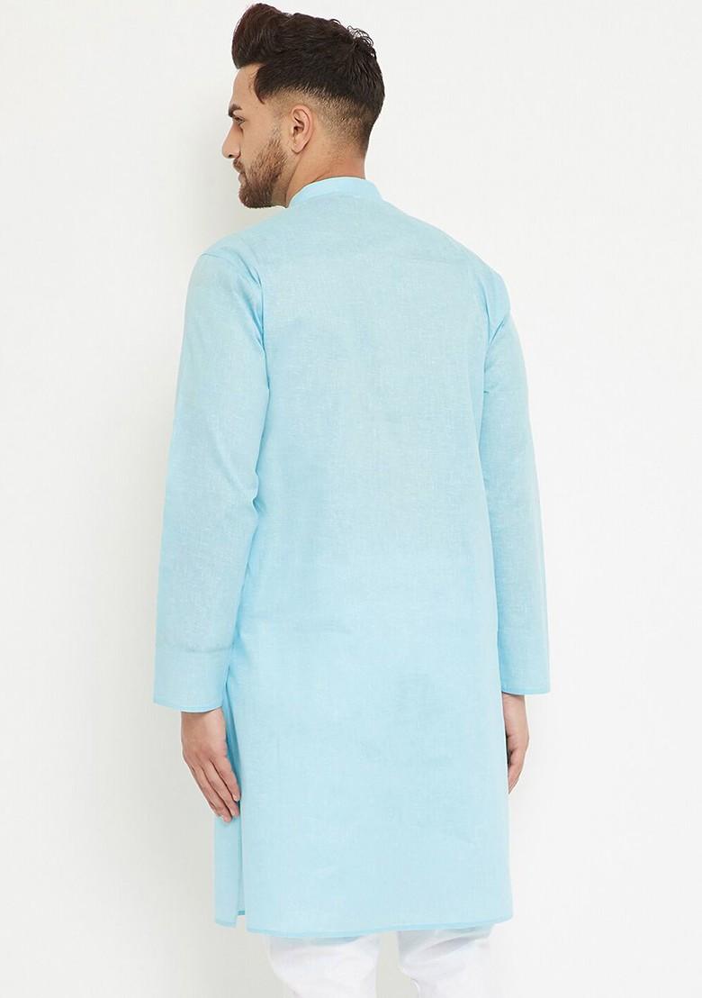 Blue Solid Poly Blend Kurta For Men