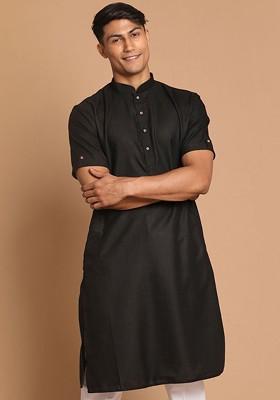 Black Solid Pathani Kurta For Men