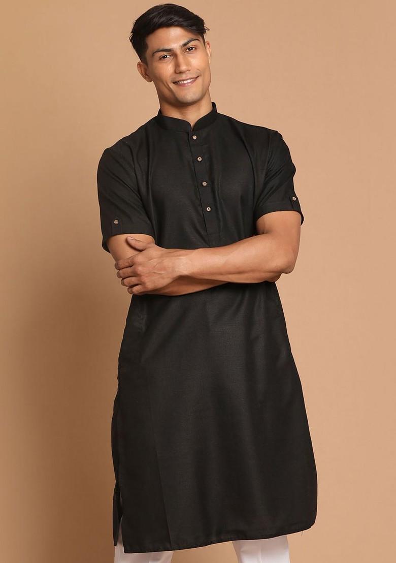 Black Solid Pathani Kurta For Men
