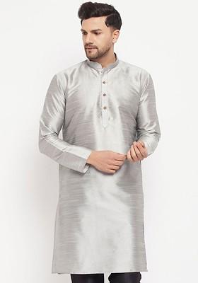 Grey Solid Poly Blend Kurta For Men