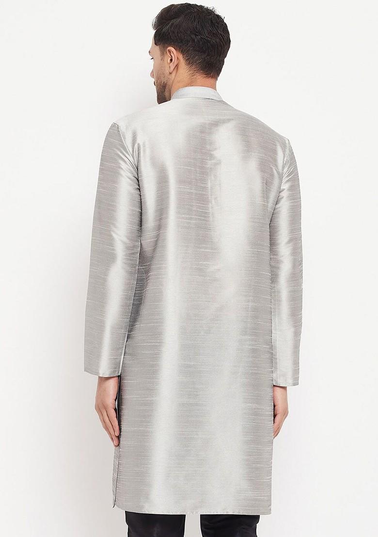 Grey Solid Poly Blend Kurta For Men