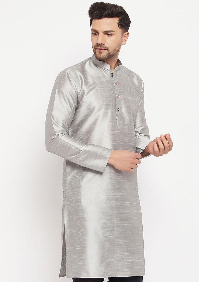 Grey Solid Poly Blend Kurta For Men