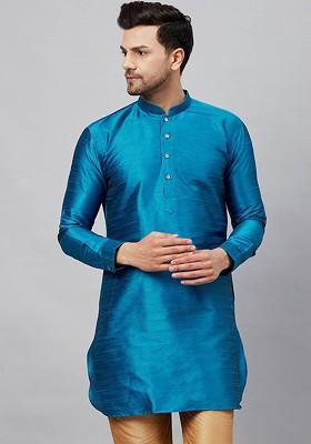 Turquoise Blue Solid Poly Blend Kurta For Men