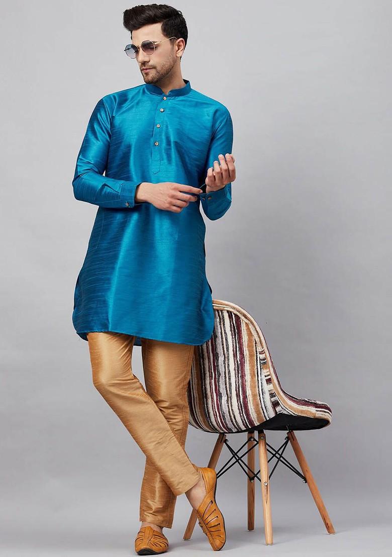 Turquoise Blue Solid Poly Blend Kurta For Men