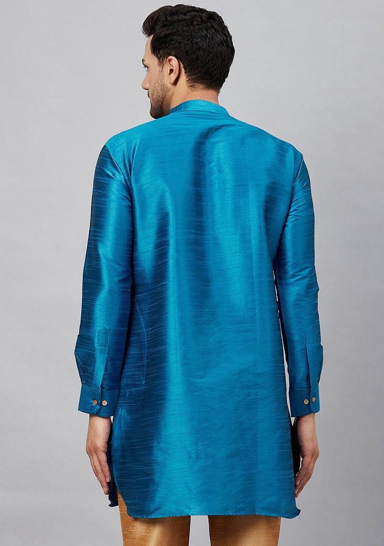 Turquoise Blue Solid Poly Blend Kurta For Men