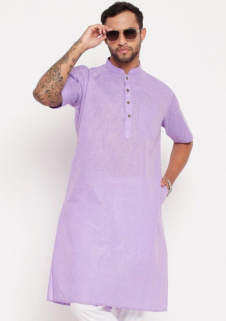 Purple Solid Cotton Kurta For Men