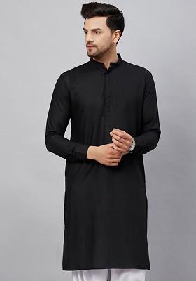 Black Solid Poly Blend Kurta For Men