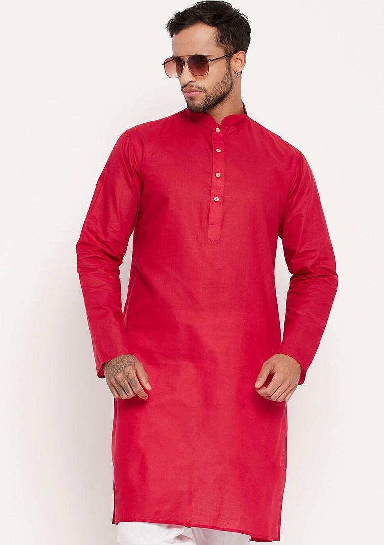 Maroon Solid Cotton Kurta For Men