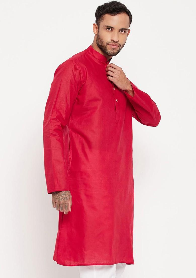 Maroon Solid Cotton Kurta For Men