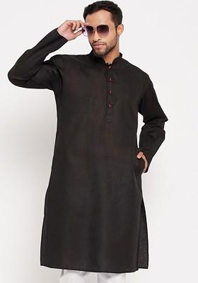 Black Solid Poly Blend Kurta For Men