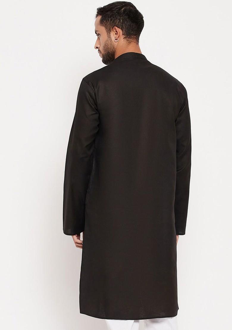 Black Solid Poly Blend Kurta For Men