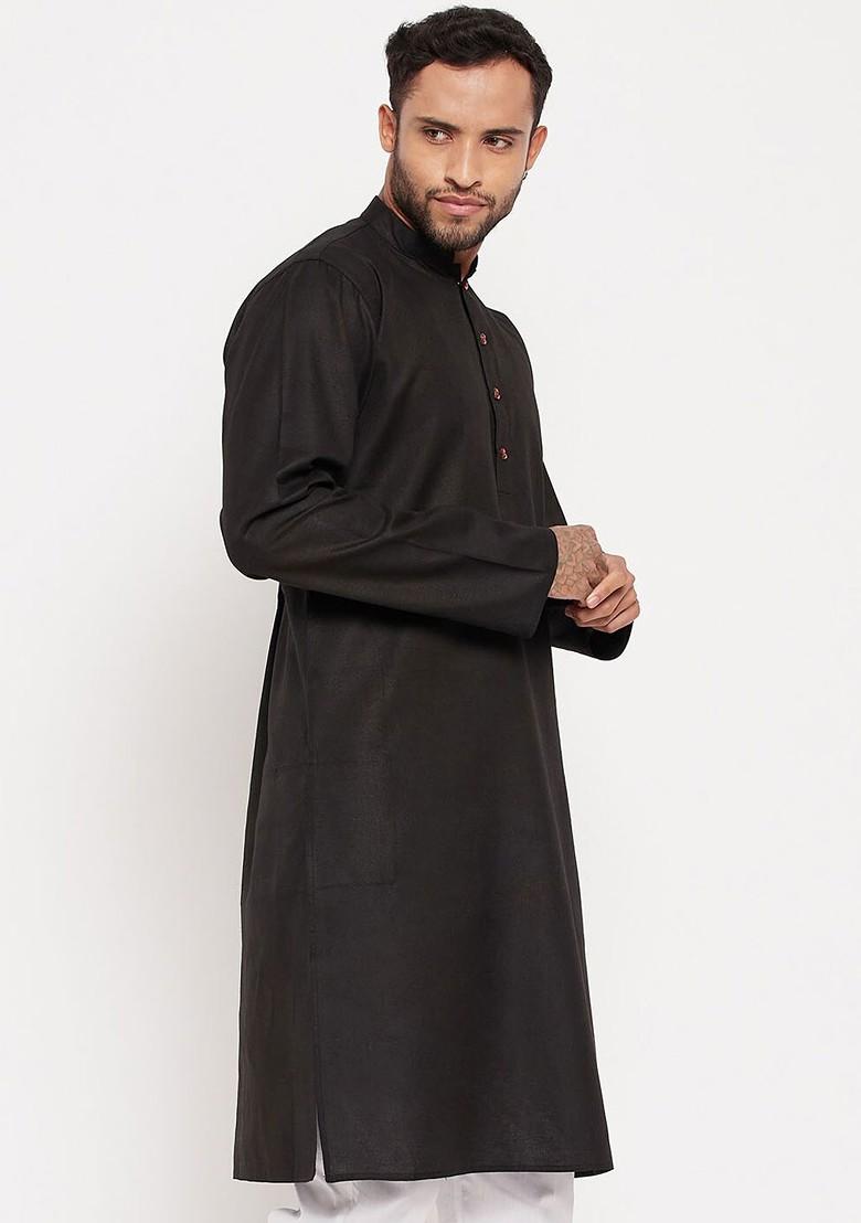 Black Solid Poly Blend Kurta For Men