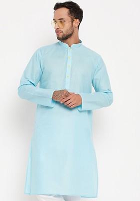 Turquoise Blue Solid Poly Blend Kurta For Men