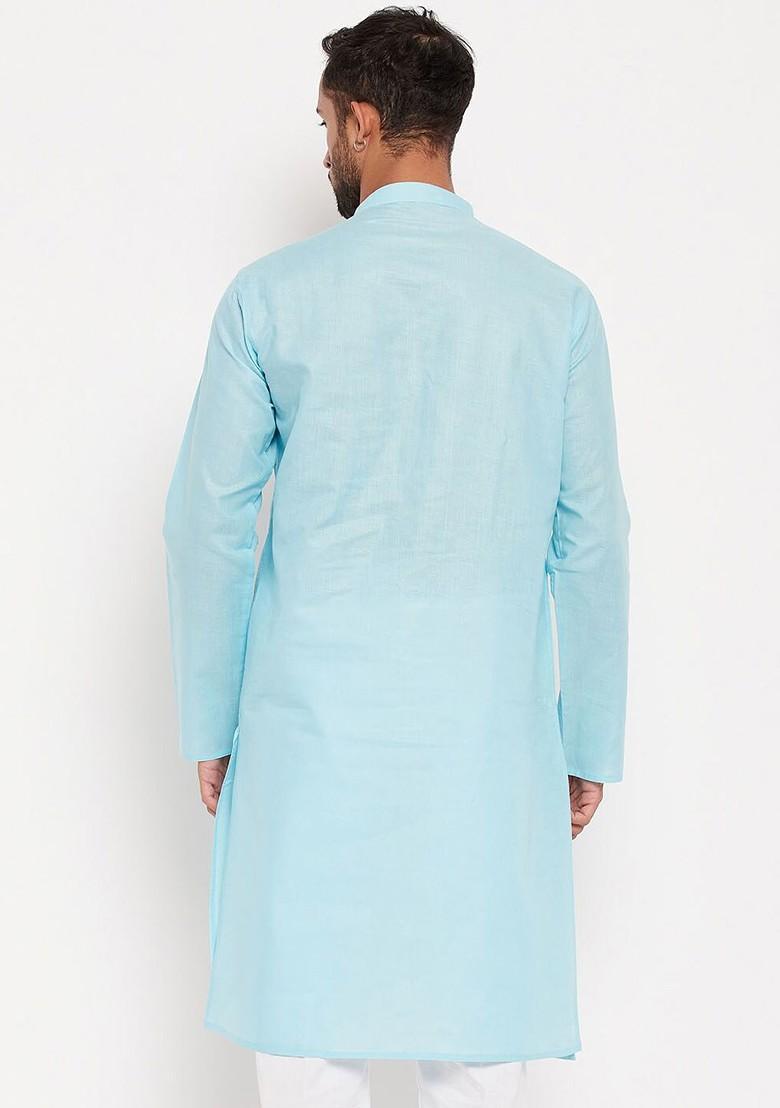 Turquoise Blue Solid Poly Blend Kurta For Men