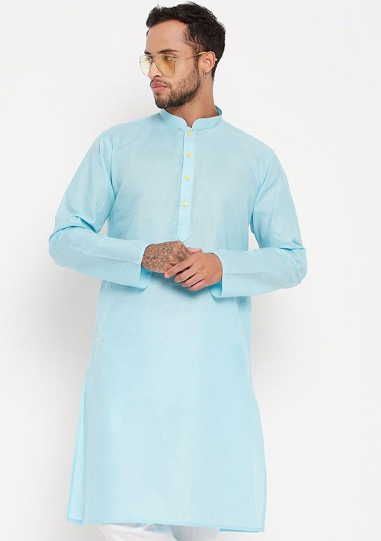 Turquoise Blue Solid Poly Blend Kurta For Men