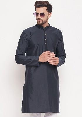 Navy Blue Woven Jacquard Kurta For Men