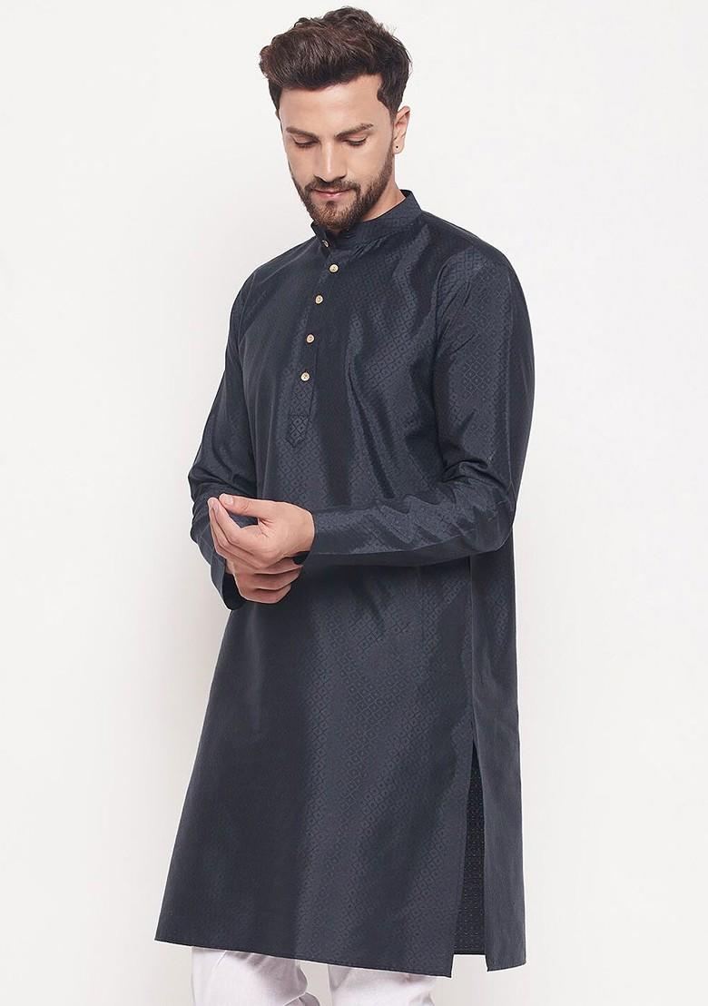 Navy Blue Woven Jacquard Kurta For Men