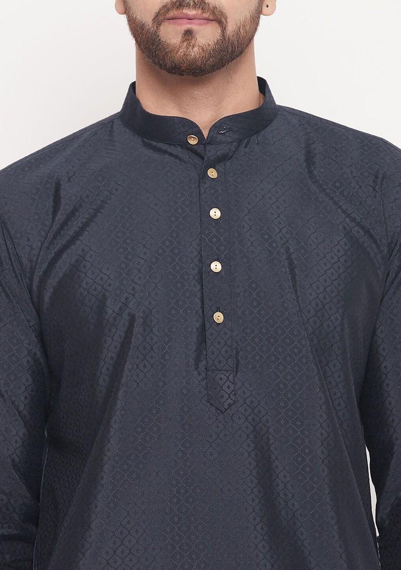 Navy Blue Woven Jacquard Kurta For Men