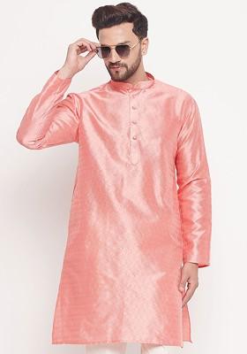 Pink Woven Poly Blend Kurta For Men