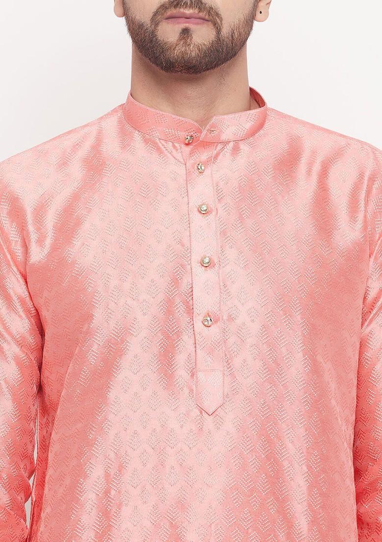 Pink Woven Poly Blend Kurta For Men