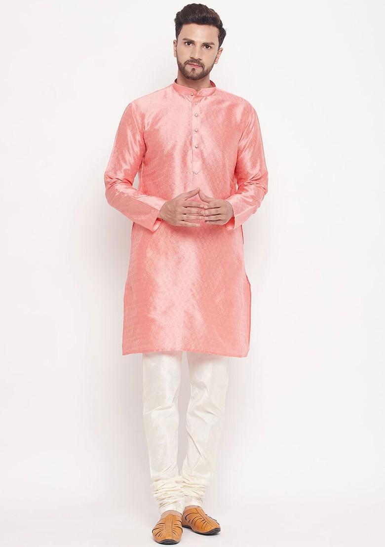 Pink Woven Poly Blend Kurta For Men