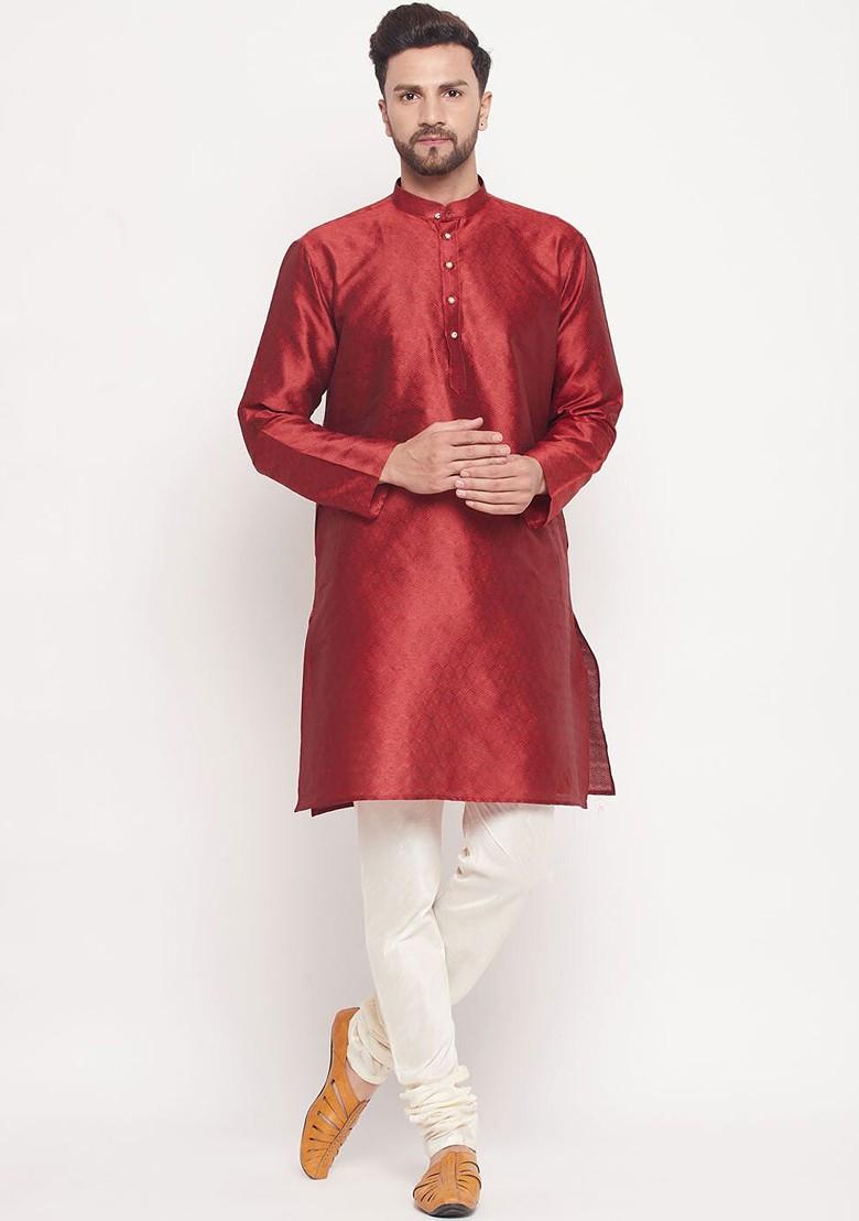Maroon Woven Jacquard Kurta For Men