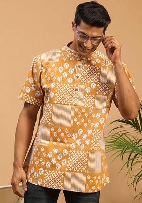 Mustard Floral Print Cotton Kurta For Men