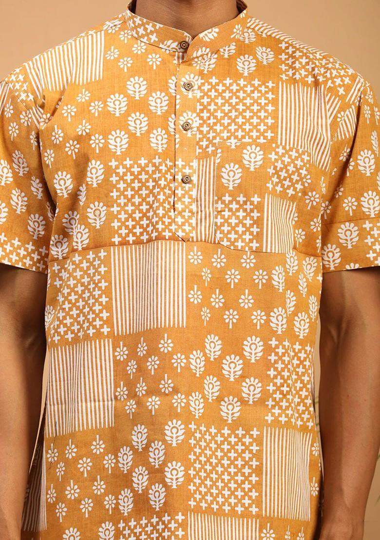 Mustard Floral Print Cotton Kurta For Men