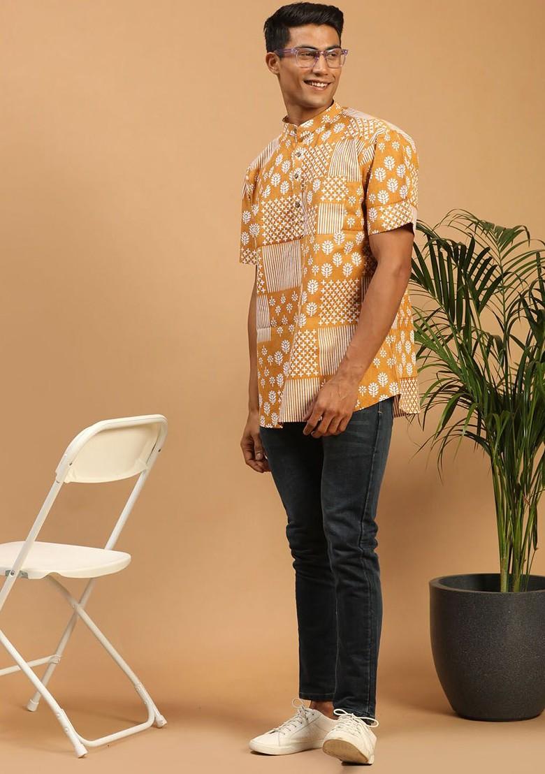 Mustard Floral Print Cotton Kurta For Men