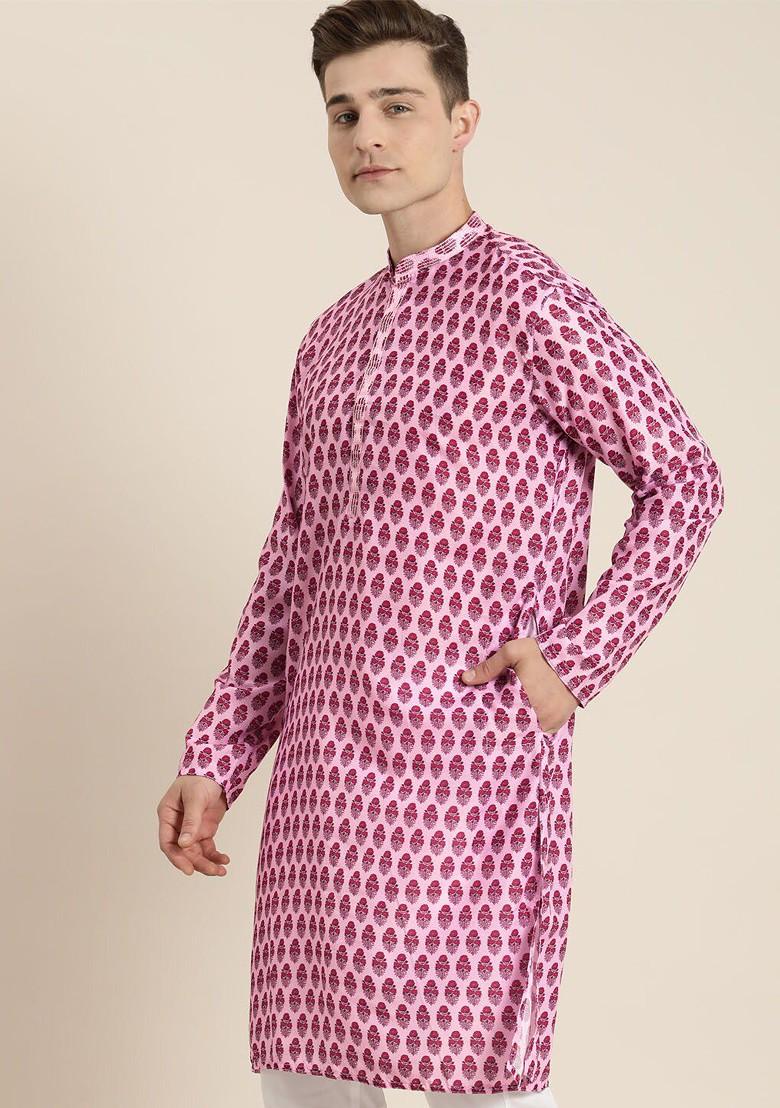 Pink Floral Print Poly Blend Kurta For Men