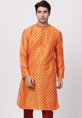 Orange Ethnic Motifs Poly Blend Kurta For Men