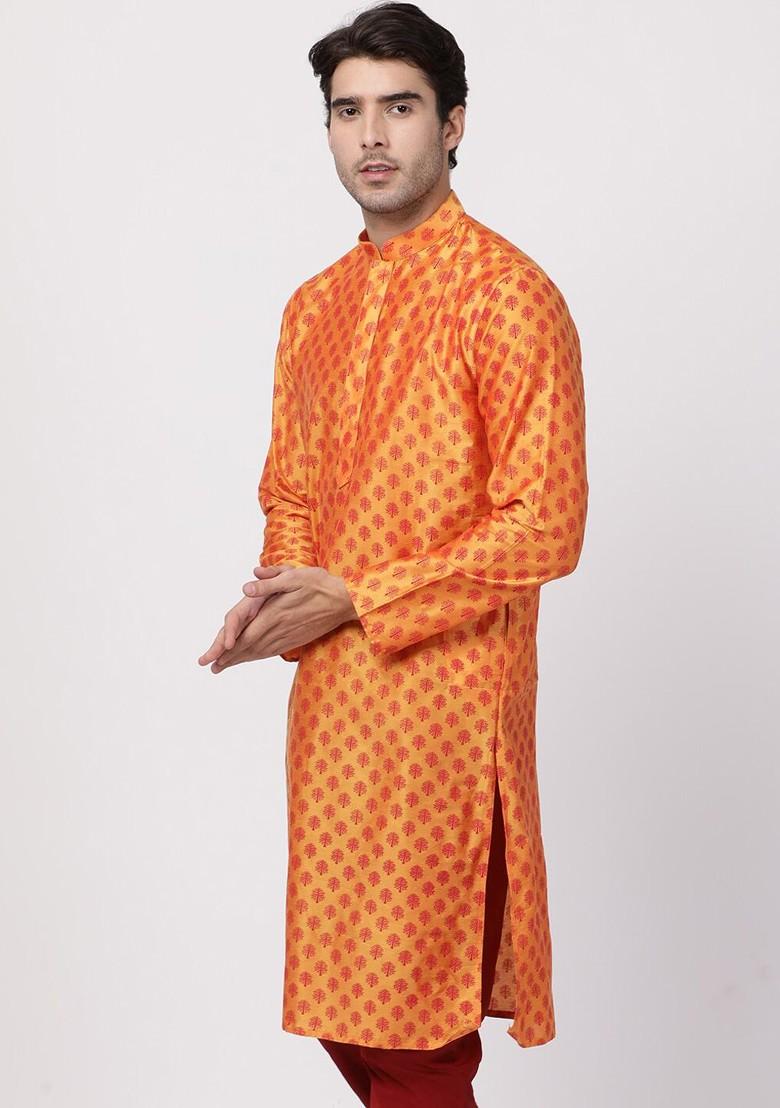 Orange Ethnic Motifs Poly Blend Kurta For Men