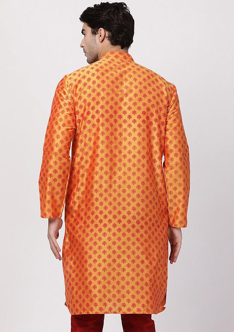 Orange Ethnic Motifs Poly Blend Kurta For Men