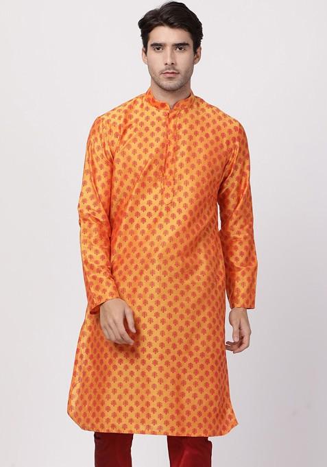 Orange Ethnic Motifs Poly Blend Kurta For Men
