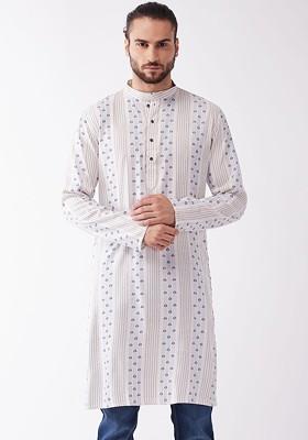 White Geometric Print Poly Blend Kurta For Men