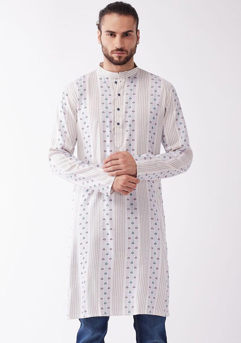 White Geometric Print Poly Blend Kurta For Men
