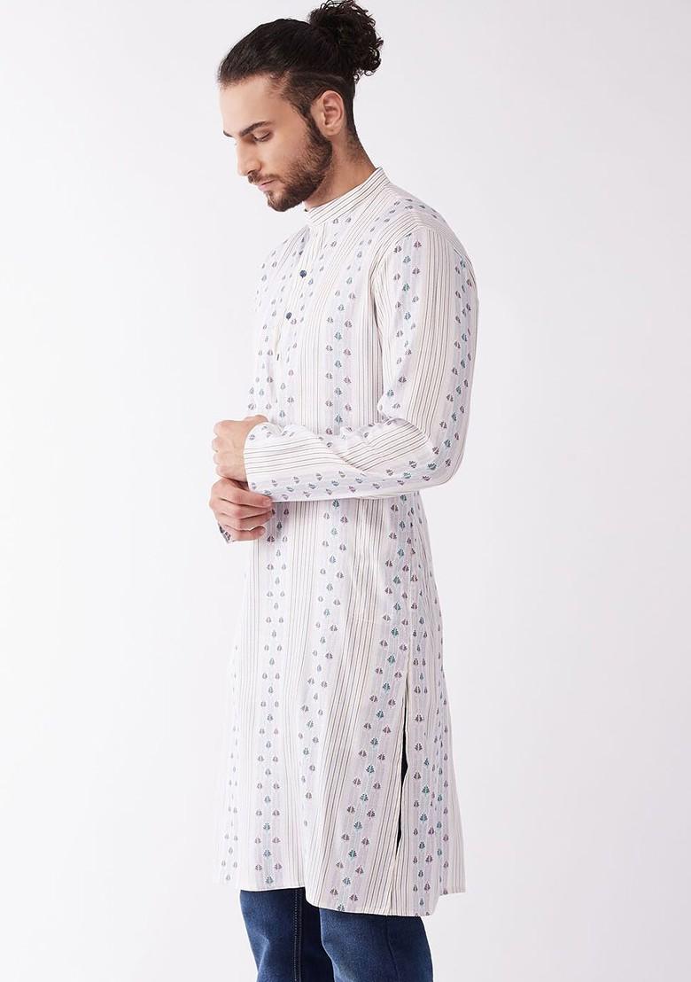 White Geometric Print Poly Blend Kurta For Men