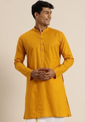 Mustard Embroidered Poly Blend Kurta For Men