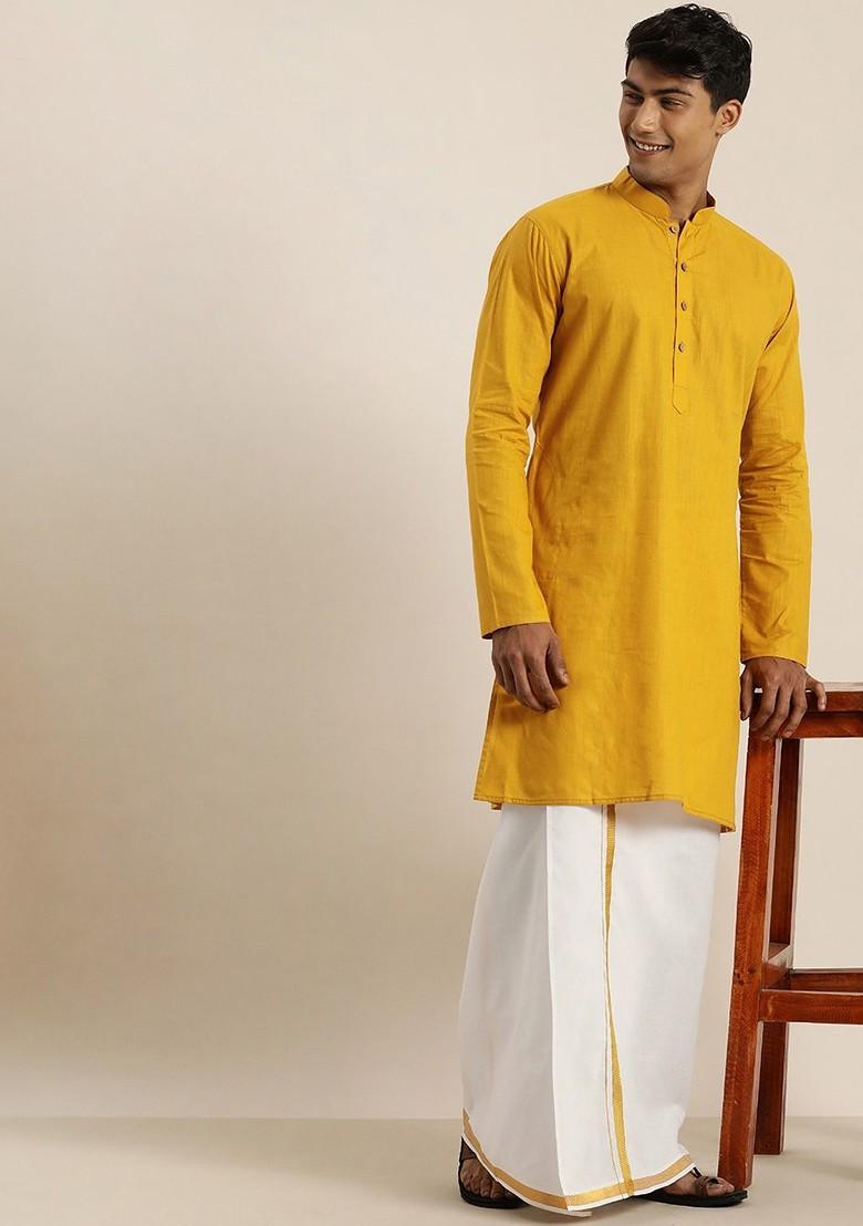Mustard Embroidered Poly Blend Kurta For Men