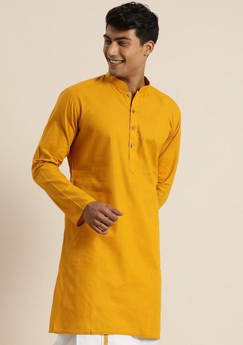 Mustard Embroidered Poly Blend Kurta For Men