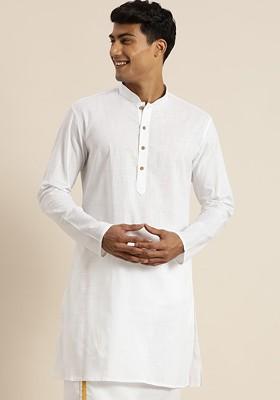 White Solid Poly Blend Kurta For Men