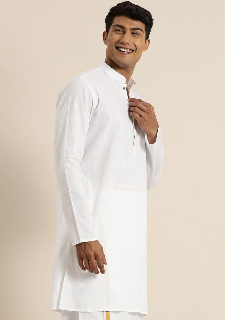 White Solid Poly Blend Kurta For Men