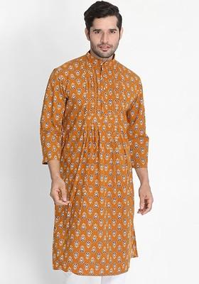 Mustard Floral Print Poly Blend Kurta For Men