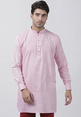 Pink Thread Work Poly Blend Kurta For Men