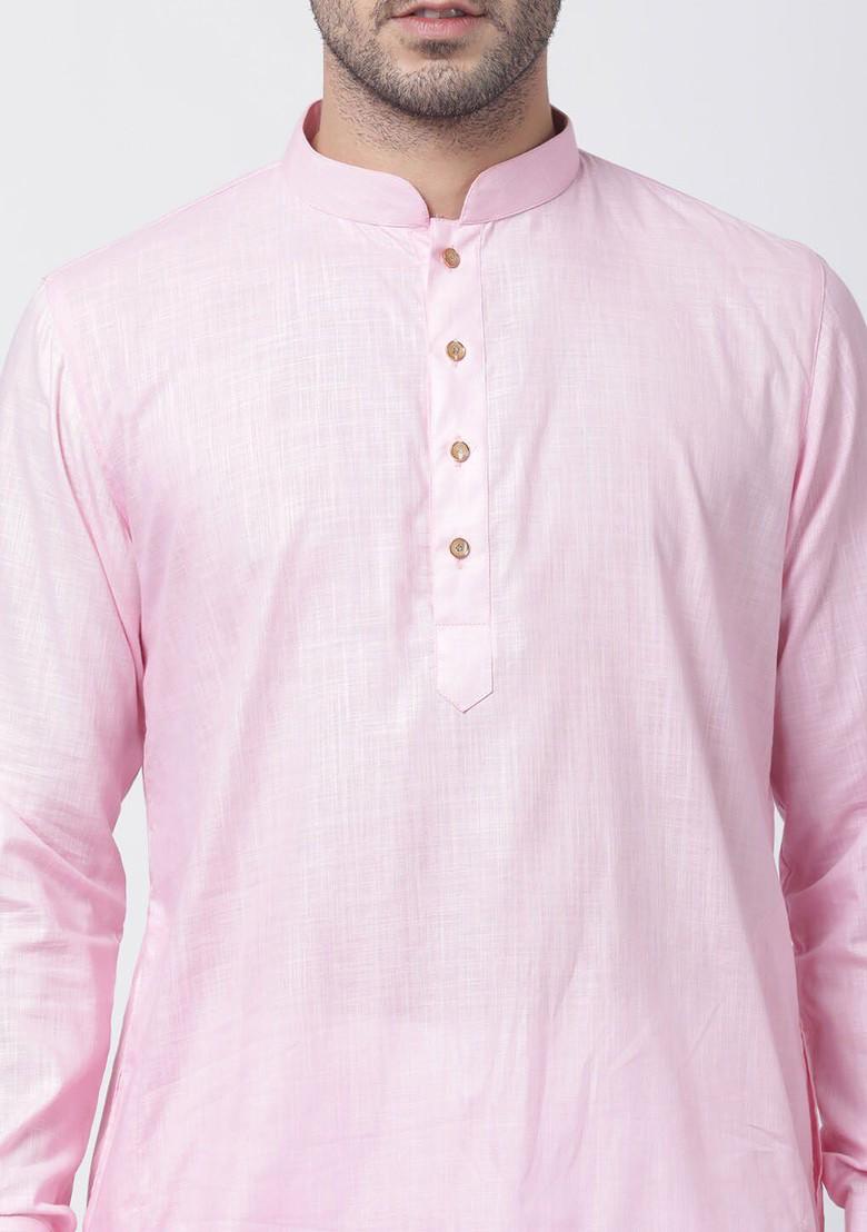 Pink Thread Work Poly Blend Kurta For Men