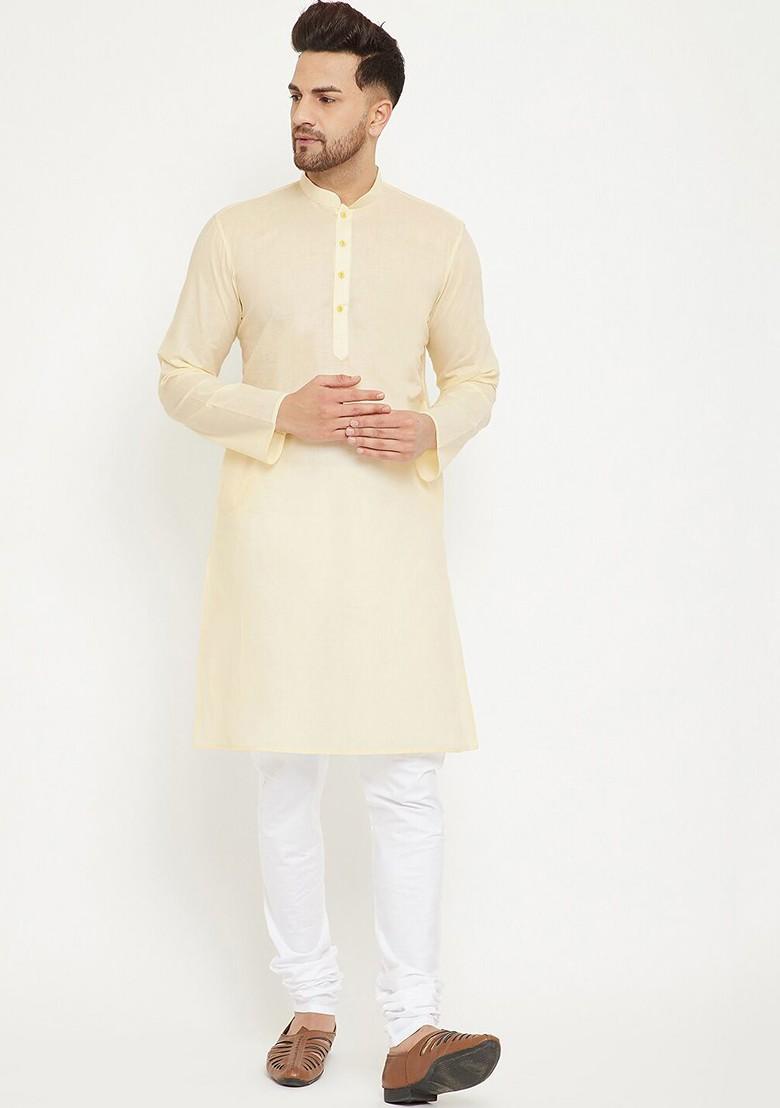Cream Solid Poly Blend Kurta For Men